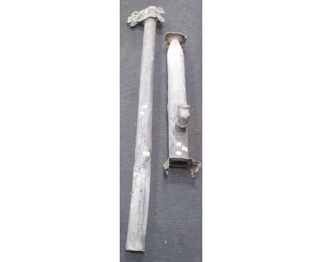 A lead down pipe 147cm long and spout 87cm with fleur de lys bracket (2)