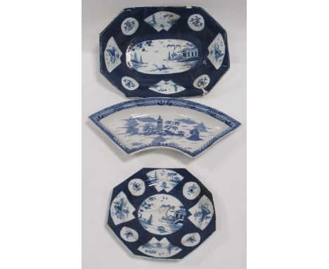 A Bow powder blue canted rectangular dish and an octagonal plate, each reserved with circular and fan shaped panels decorated