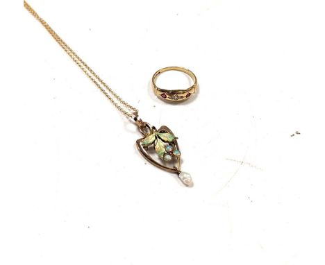 An opal, pearl and enamel pendant tested as 9ct gold on a hallmarked 9ct gold chain gross weight 3.1g, together with a hallma