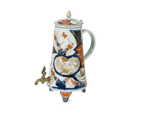 A Japanese Imari conical hot water urn and cover, late 18th century,  painted and gilded with floral panels, some enclosing l