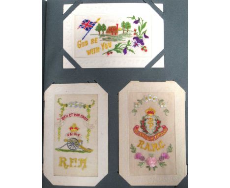 Postcard album with about 270 postcards, c. 1900 - 1920s, including 45 First World War embroidered silk cards; a large number