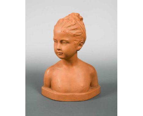 A Goldscheider terracotta bust of a young female nude, impressed marks and numbered to reverse 3832 22 1136cm highsome flakin