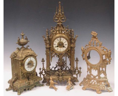 A brass gothic style mantle clock 53 x 30 x 20cm and two others (3)