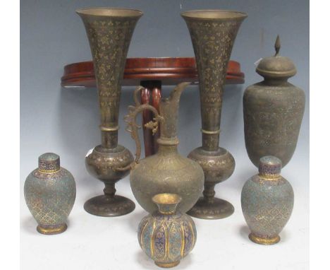 Various Eastern brass metalwares to inlcude pair of Kashmir enamel ovoid lidded vases and another; together with a pair of tr