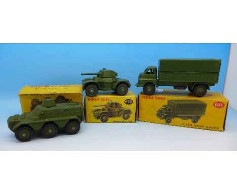 Three Dinky Toys, 621 3-Ton Army Wagon, 670 Armoured Car and 676 Armoured Personnel Carrier, all boxed