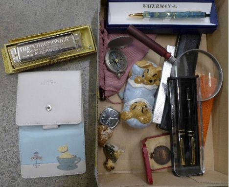 A Hohner harmonica, 'The Chromonica', pens, watches, a magnifying glass, Radley wallet, etc.