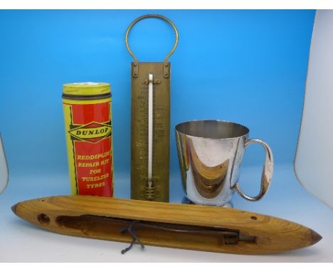 An Elkington silver plated mug, a Dunlop Reddiplug repair kit for Tubeless Tyres, a Cook's thermometer and a shuttle