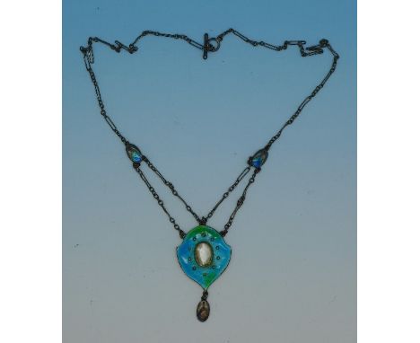 An enamel Arts and Crafts necklace by Murrle Bennett, also marked 950 under the enamel on the rear, enamel on drop a/f, small