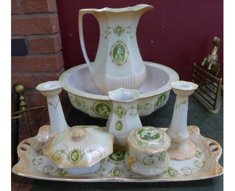 An Adams bathroom set including a wash bowl, jug, tray, candlestick, vase, etc., some a/f