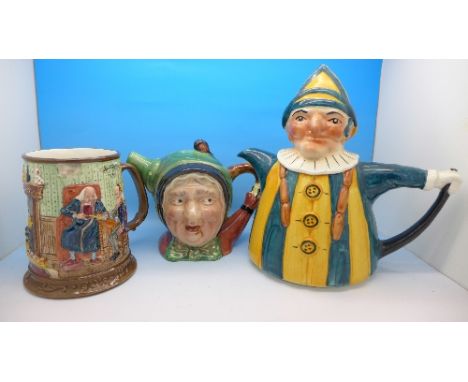 A Beswick Sairey Gamp character teapot, Beswick Yule 1971 jug, chip to base and a Tony Wood Punch teapot