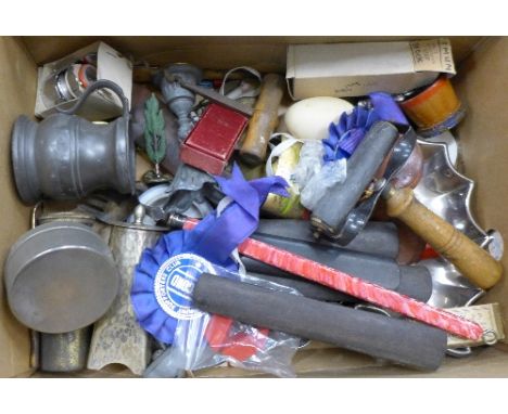 Theatre glasses, pewter, plated ware, corkscrew, etc.