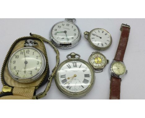 A silver fob watch and wristwatch, three pocket watches and a Timex wristwatch