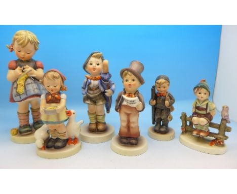 Six Hummel figures including Home From Market, Be Patient, A Stitch In Time a/f and Street Singer