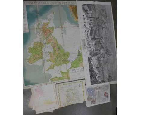 A collection of maps including a cloth backed Philips' Comparative Wall Atlas, an engraving of a Bird's Eye View of Mancheste