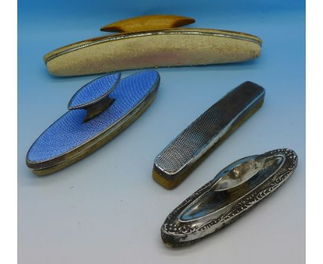 A silver and enamel nail buffer, two silver mounted and one other (4)