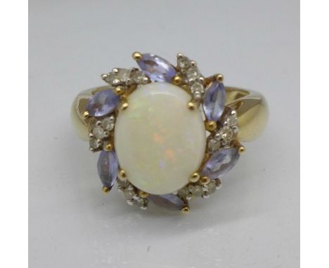A 9ct gold, opal, blue and white stone ring, 3.2g, K, opal size 10mm x 8mm