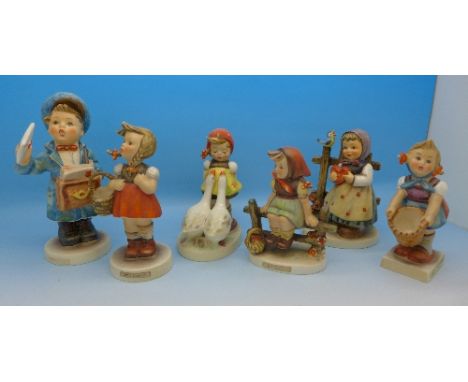 Six Hummel figures including Sweet Greetings, Little Shopper, Goose Girl and Postman