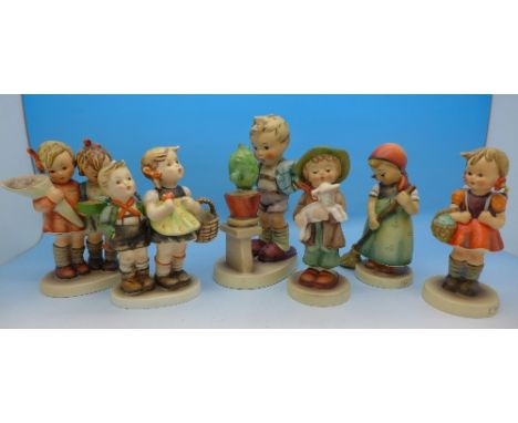 Six Hummel figures including To Market, The Lost Sheep, Confidentially, a/f, Going to Grandma's, etc.