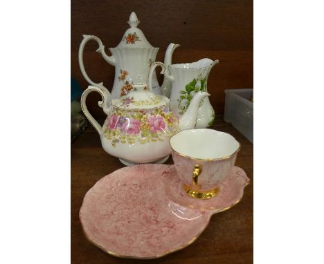 A collection of Royal Albert; a Centennial Rose coffee pot, chip to rim, a Serena teapot, Trillium jug and Gossamer cup and s