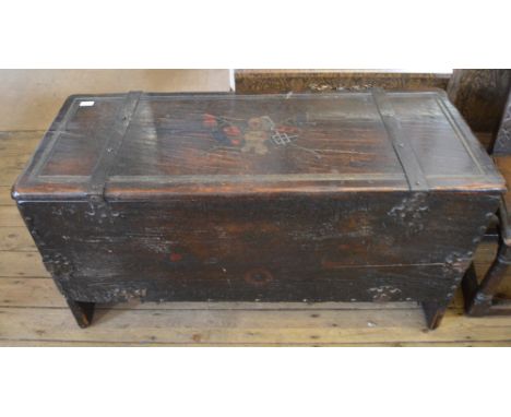 An Oak metal bound trunk with painted heraldic detail