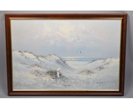 A Large Framed Oil on Canvas, Seascape with Seagulls and Young Child in Dunes, 90x60cm diameter 