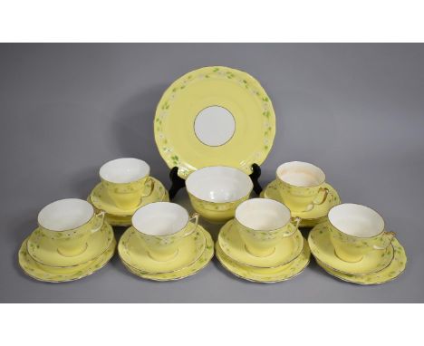 A Old Royal Tea Set Decorated with White Flower Trim on Yellow Ground to Comprise Six Cups, Saucers, Side Plates, Cake Plate 