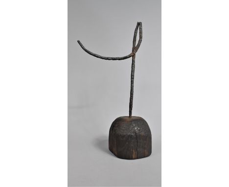 An Early  Rush Light Stand, Incomplete, Mounted on Wooden Block, 32cms High 