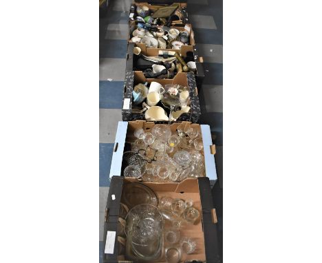Six Boxes of Various Glassware, Metawares, Figures, Ceramics Etc 