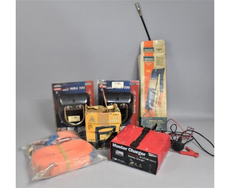 A Collection of Various Tools to include Draper Grease Gun, Battery Chargers, Two Ground Anchors Etc 