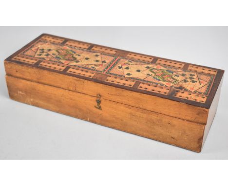 A Late Victorian/Edwardian Cribbage Playing Card Box with Hinged Inlaid and Printed Lid Containing One Pack of Cards, 26.5cms