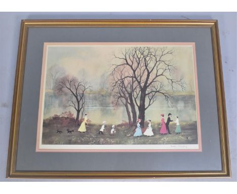 A Framed Helen Bradley Print with Artist Proof Stamp and Signed by the Artist to the Border, "Friday Walk by the River", 56cm