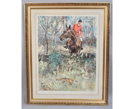 A Large Gilt Framed Artists Proof Print After Michael Lyne, Huntsman on Horse with Fox Running Before, Published 1971 by Vent