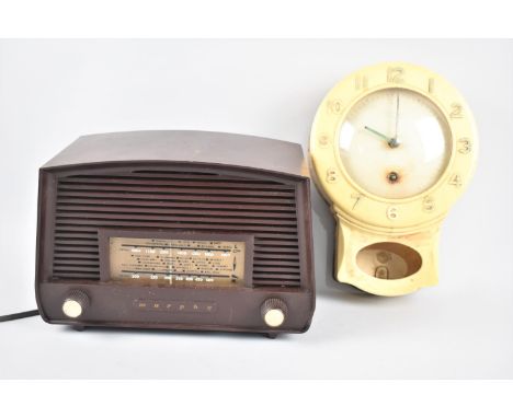 A Vintage Two Band Bakelite Radio together with a Bakelite Cased Wall Clock Both in need of Some Attention 