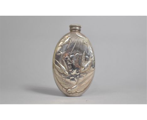 A Silver Plated Britannia Metal Oval Hip Flask Decorated in relief with Swallows in Flight, 13.5cms HIgh