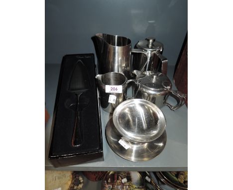 A selection of vintage metal and table wares including Olde Hall tea set