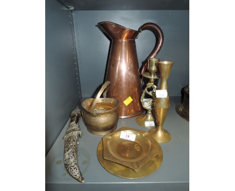A selection of vintage brass wares including Indian style and letter opener
