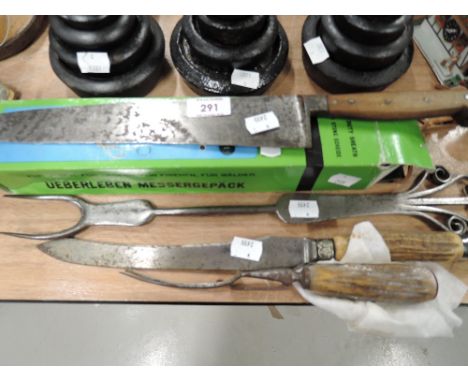 A selection of vintage kitchen wares including large meat knife