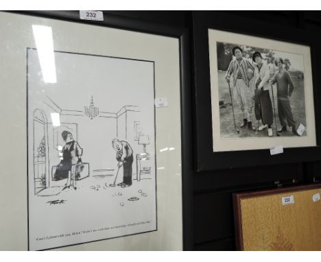A selection of vintage golf theme prints including three stooges