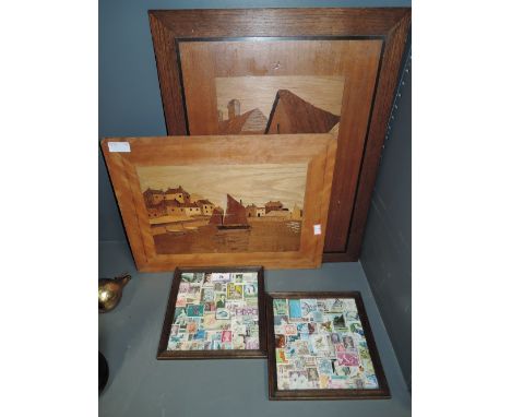 Two vintage treen inlay and veneer plaques and pair of framed stamps