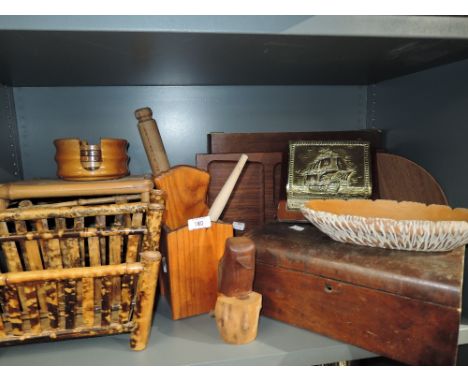 A selection of vintage treen items wood boxes bamboo magazine rack etc