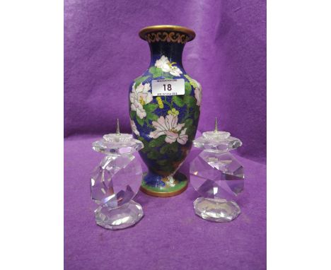 A vintage cloisonne vase and glass candle stick pair