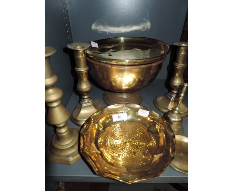 A selection of vintage brass wares including candle sticks
