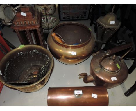 A selection of vintage brass and copper wares including Art Nouveau planter
