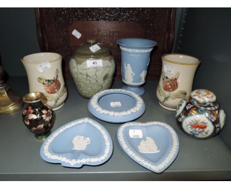 A selection of vintage ceramics including Jasper wares and ornate wood tray