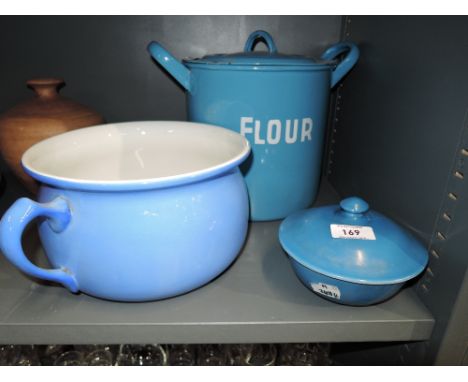 A selection of vintage blue kitchen wares including enamel bread bin 