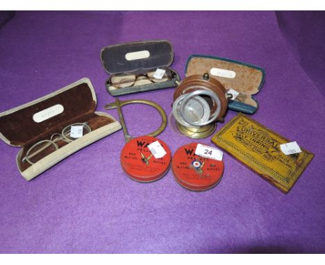 A selection of vintage hardware items and selection of spectacle glasses