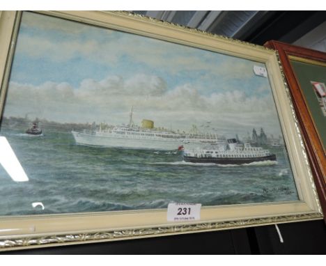 A vintage mixed medium of an ocean liner dated 1965 
