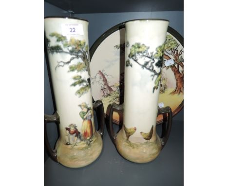 A pair of vintage Royal Doulton twin handled vase and display plateCONDITION REP - no cracks or chips, slight crackle to glaz