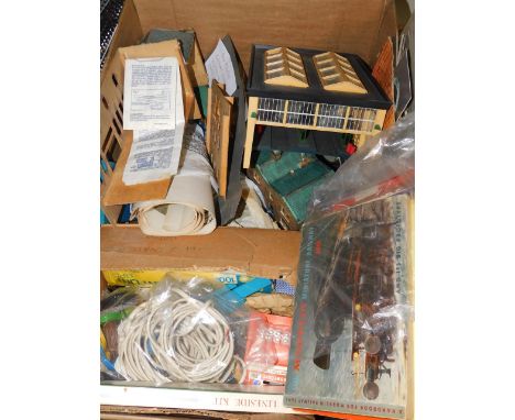 00 gauge railway accessories and parts, including a station and an engine shed, wiring, controllers, etc. (qty)