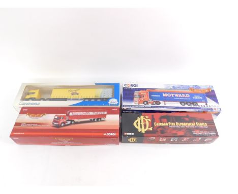 Three Corgi die cast lorries, comprising a Scania Topline Truck Curtainsider, 569-012; a Scania 111 Tandem Axle Box Van, CC15